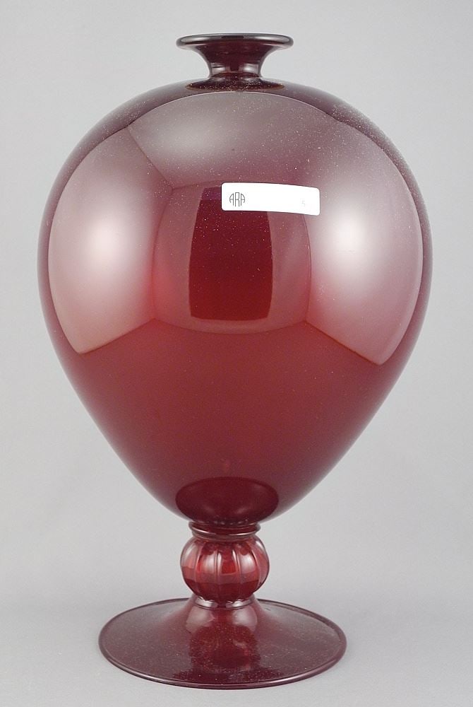 Archimede Seguso Murano Ruby Glass Pedestal Vase, 12 1/4"h.: Archimede Seguso Murano Ruby Glass Pedestal Vase, 12 1/4"h.