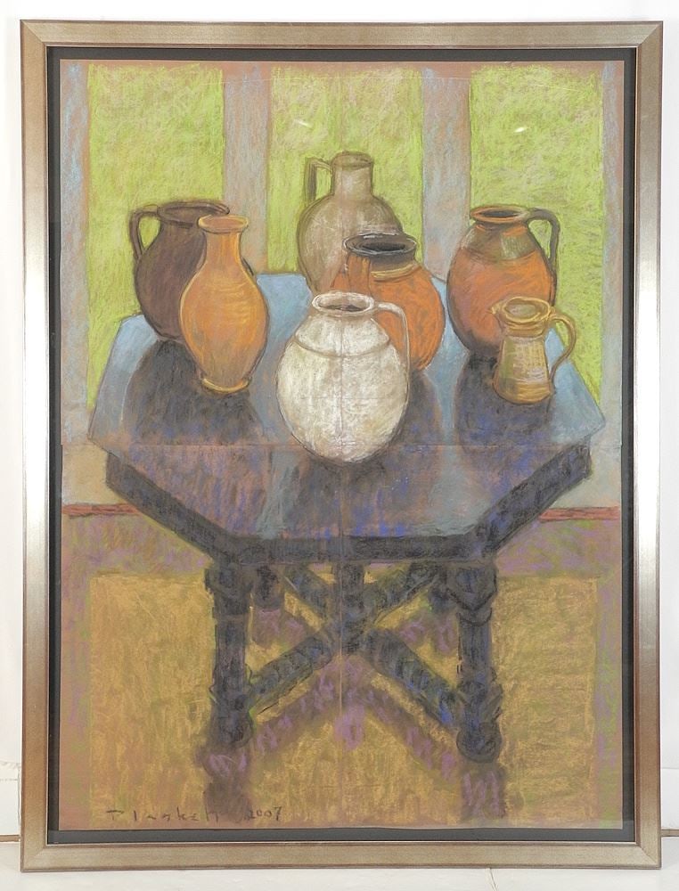 Pastel on Paper signed (Joseph) Plaskett 2007, 59 x 43", "Pots on Octagonal Table". (87) (1 of 12)