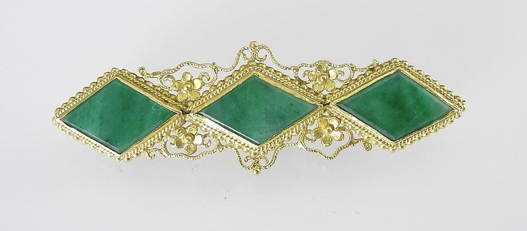 Chinese Gold/Gilt Silver & Jade Brooch, 2"w, 8.2g. (1 of 3)