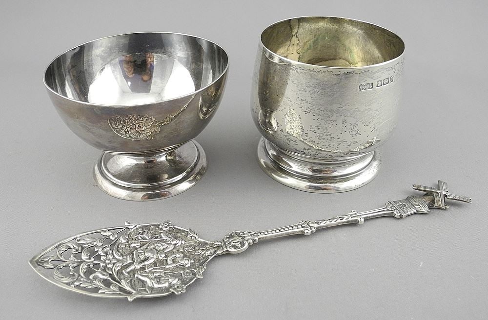 Dutch Silver Serving Spoon (7 1/2")/ Silver Cup (2 1/2"h)/Victorian Scot. Sugar (3 1/4"d) TW 238g. (1 of 6)