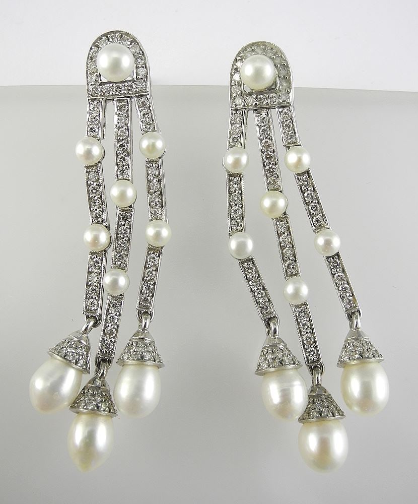 Pair of 18K White Gold Diamond & Pearl Dangle Earrings, 1.77CTW, 15g, with Appraisal (no backs). (1 of 4)