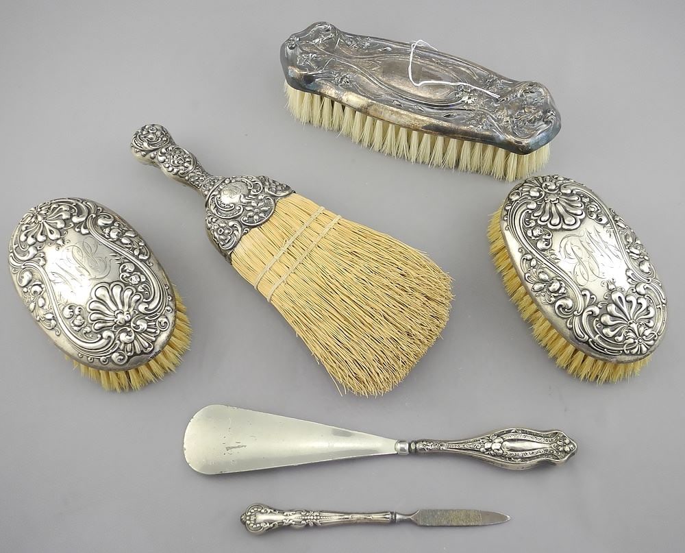 Six Piece Hallmarked Silver Dresser Set, 5-9"L, TW 735g. (1 of 5)