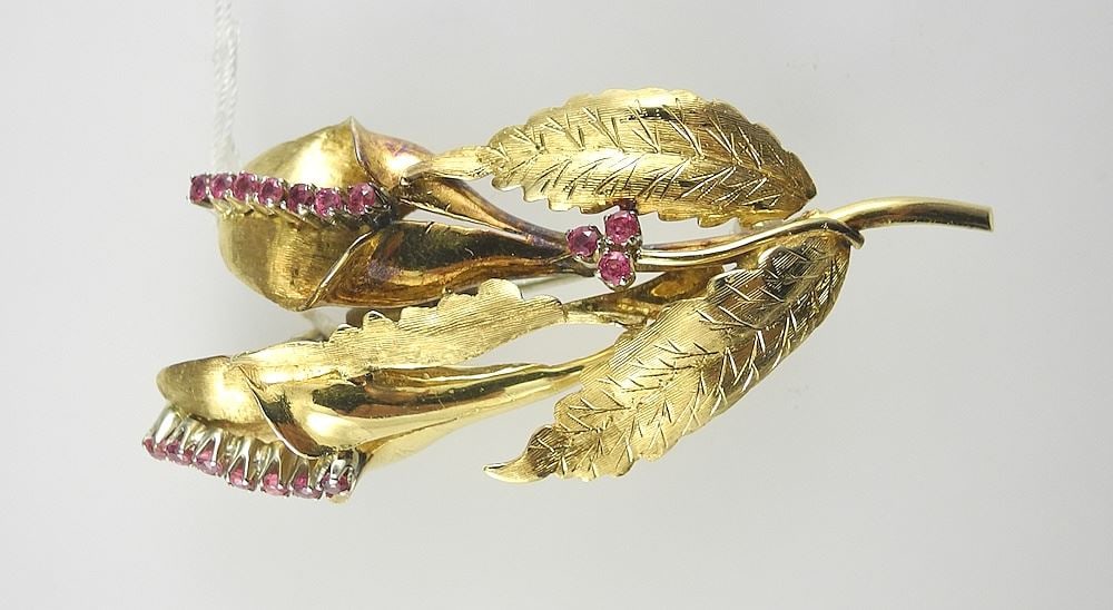 Italian 18K (marked K18) Gold & Ruby Brooch, 2 1/4"h, 11.7g. (1 of 3)