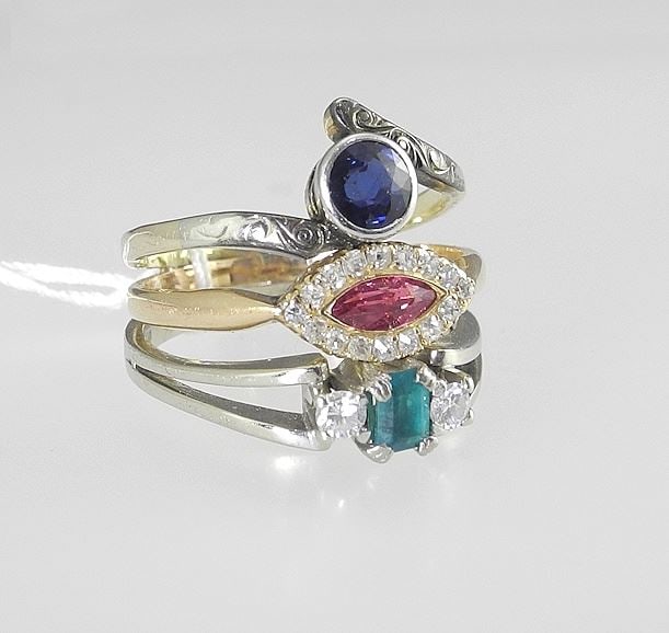 14K (each marked 585) Multi Gold Ring Set with Precious Stones, Size 7 1/4, 8.4g. (1 of 3)