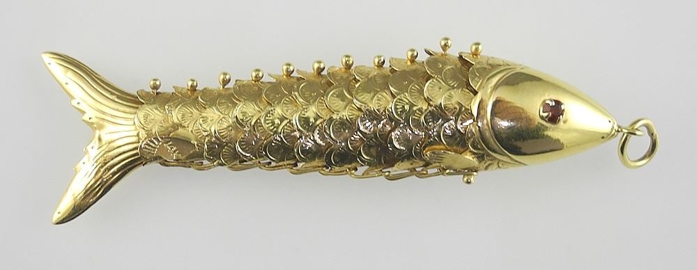 14K Articulated Fish Pendant with Ruby Eyes, 3", 8.7g. (1 of 2)