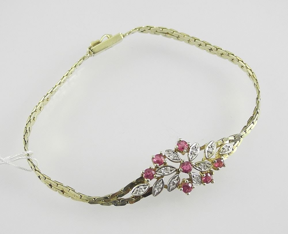 14K (marked) Gold Ruby & Diamond Bracelet, 6 5/8"L, 6.8g. (1 of 2)