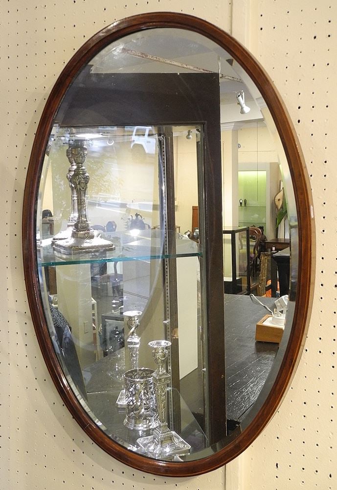 Oval Inlaid Mahogany Mirror, 35"w.: Oval Inlaid Mahogany Mirror, 35"w.