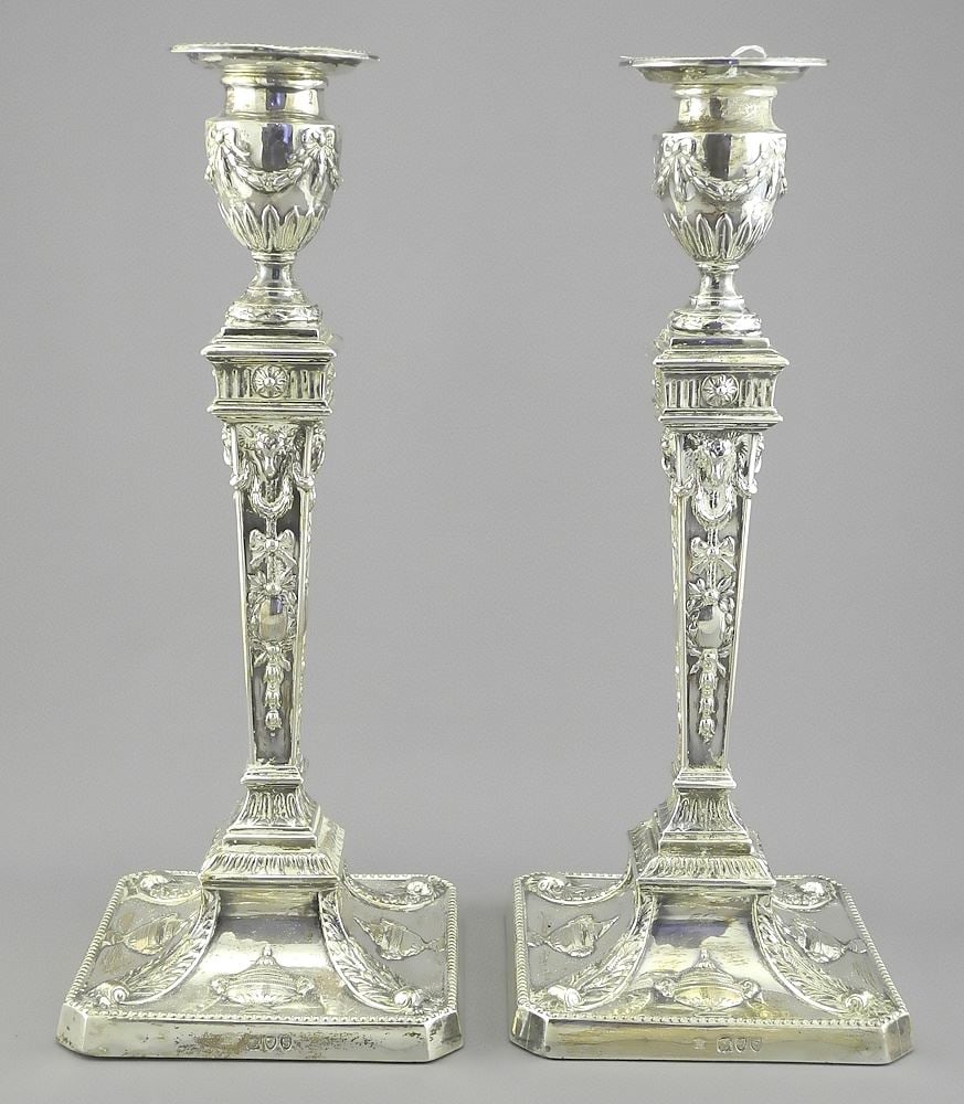 Pair of Silver Adam Style Weighted Candlesticks: EH (Edward Hutton), London, TW 2460g. (1 of 5)