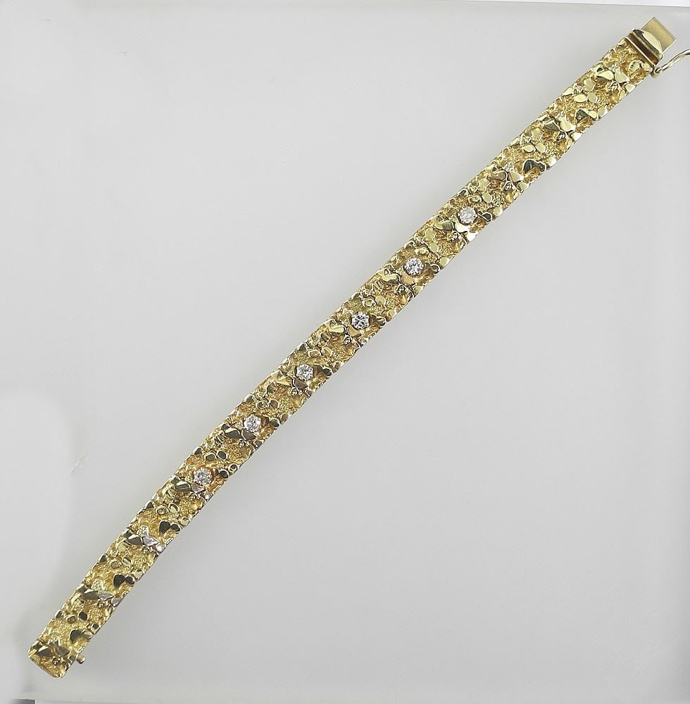 14K Gold & Diamond Nugget Style Bracelet Set with Six Diamonds, 6 1/2", 27.75g. (1 of 5)