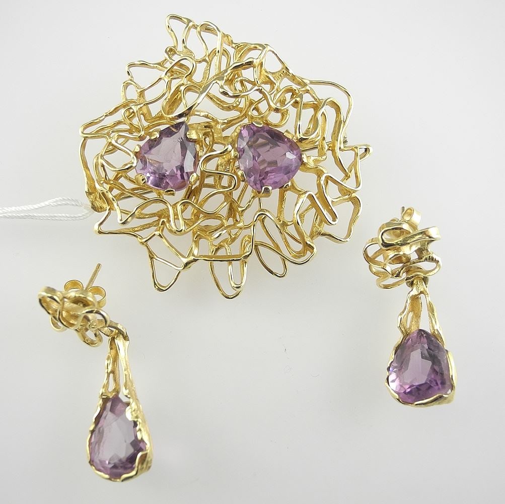 Modernist 18K (brooch marked) Brooch & Earrings, TW 28.9g. (1 of 5)