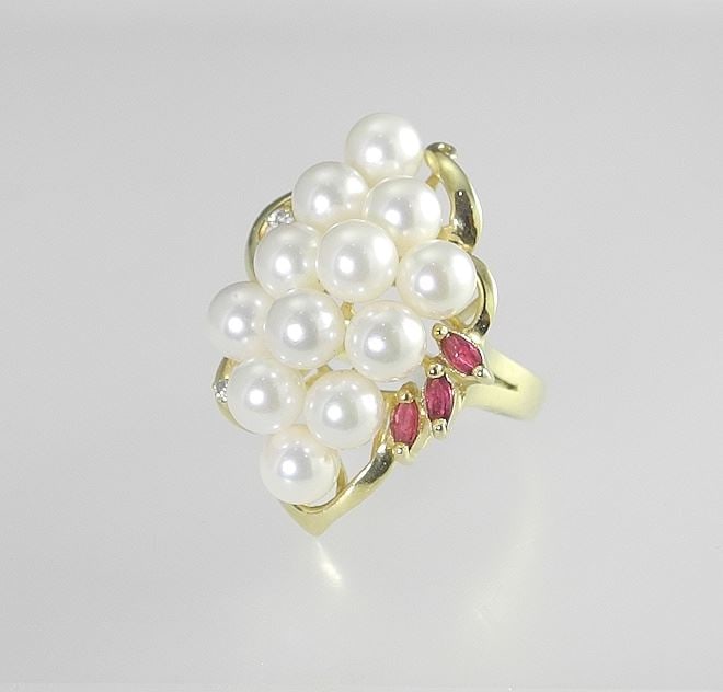 14K Gold Pearl Diamond & Ruby Dinner Ring, Size 7, 7.25g. (1 of 4)