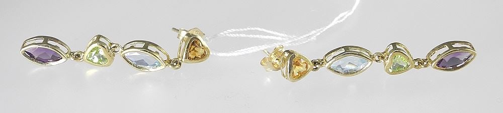 14K (marked) Yellow Gold & Multi- Gemstone Dangle Earrings, 1 1/2"h, 2.8g. (1 of 3)