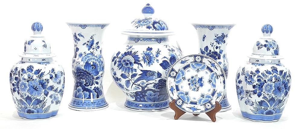 Five Pieces of Delfts Earthenware Garniture & Dish, 11 3/4 - 14"h. (1 of 6)