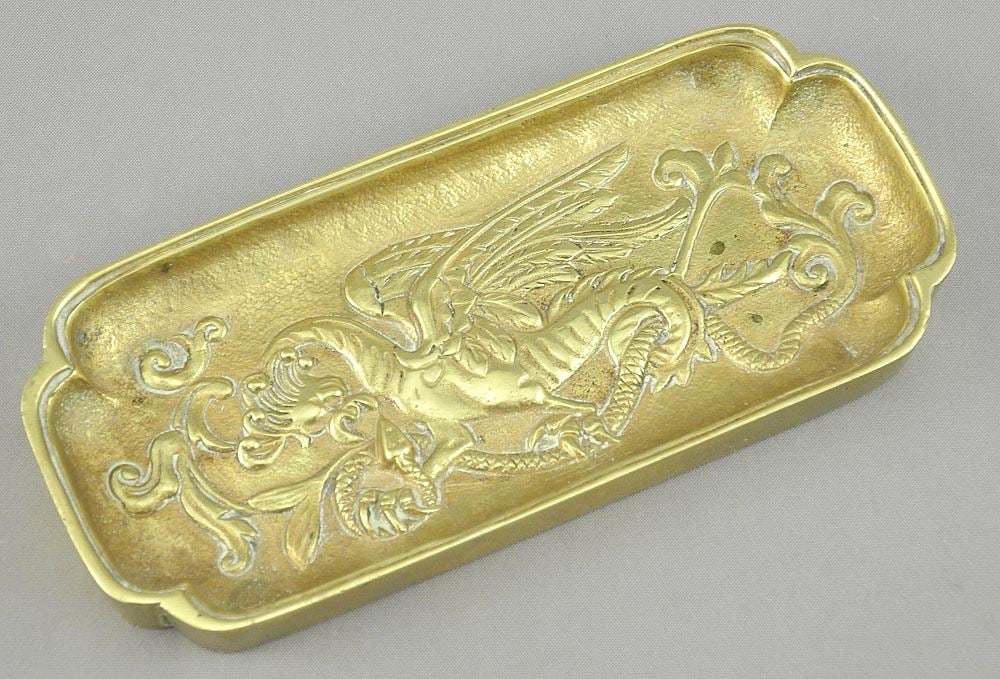 French Embossed Copper Alloy Griffin Dish, Base signed Indistinctly, Made in Paris, 4 3/4"w, 183g. (1 of 3)