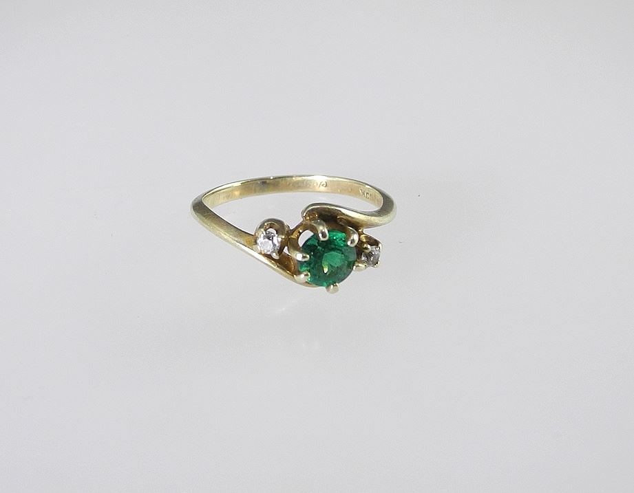 10K (marked) Yellow Gold Synthetic Emerald & Diamond Ring, Size 5 1/4, 1.9g. (1 of 4)