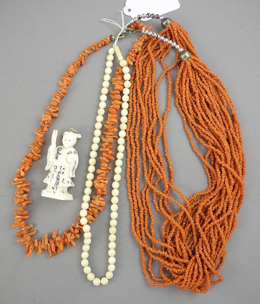 Two Coral Necklaces with Natural Necklace, signed (15 1/2 - 20 1/2") Pendant, 2"h, NO EXPORT. (1 of 2)