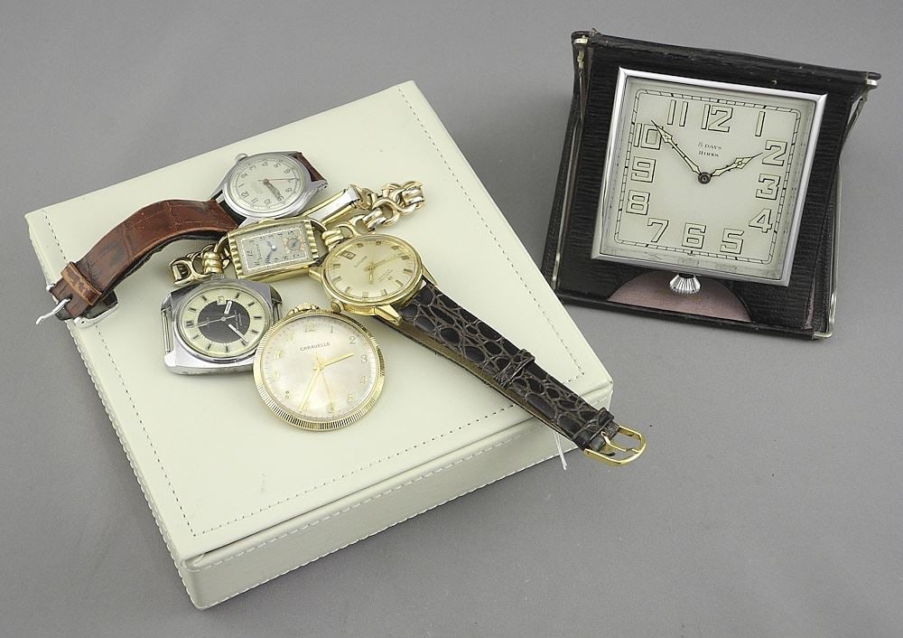 Collection of Timepieces: Bulova/ Hamilton/Birks 8 Day/Milus (as found).: Collection of Timepieces: Bulova/ Hamilton/Birks 8 Day/Milus (as found).