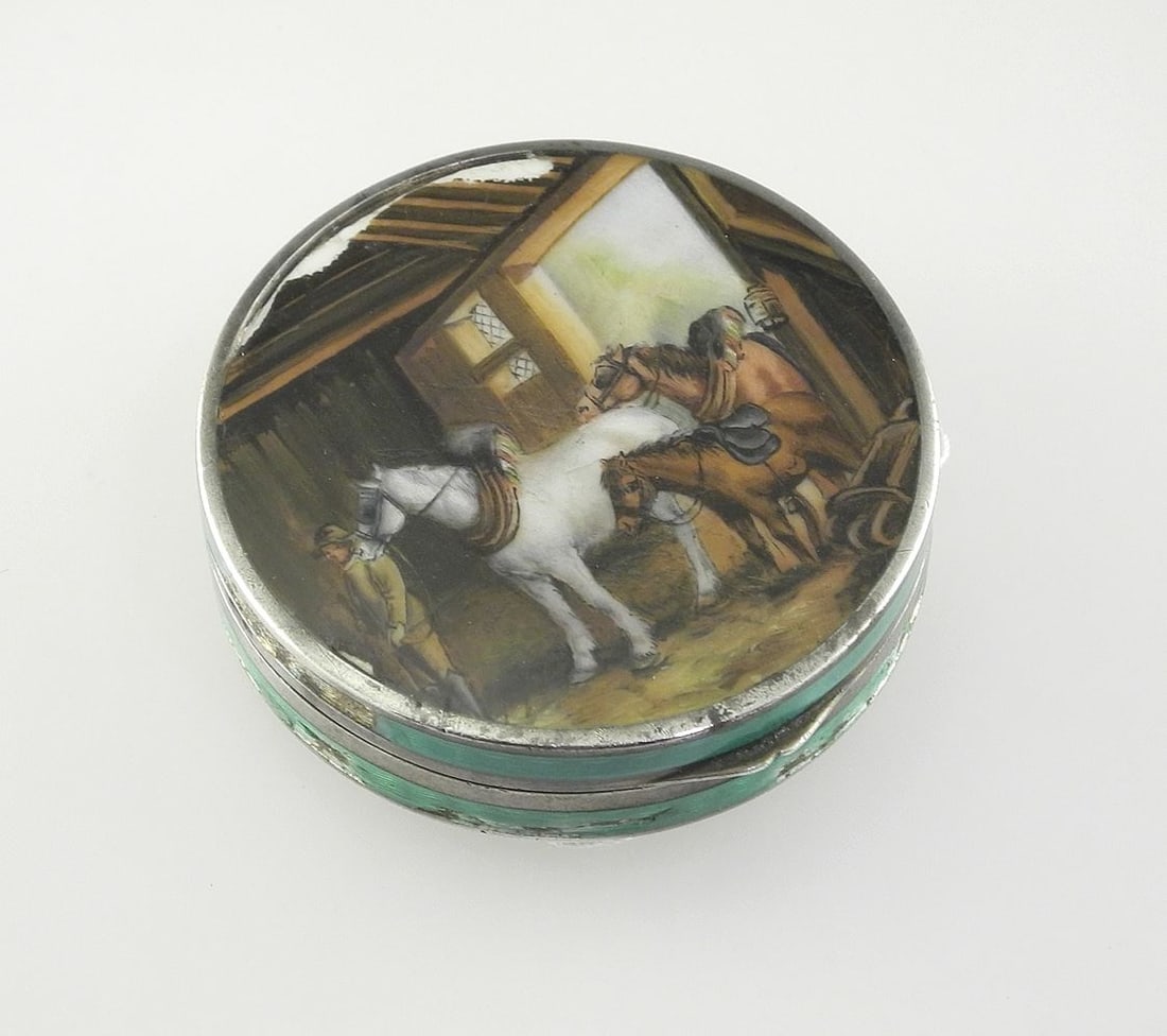 Hallmarked Silver & Enamel (damaged) Equestrian Round Hinged Box, 2 1/16" Diameter, 52.8g. (1 of 3)