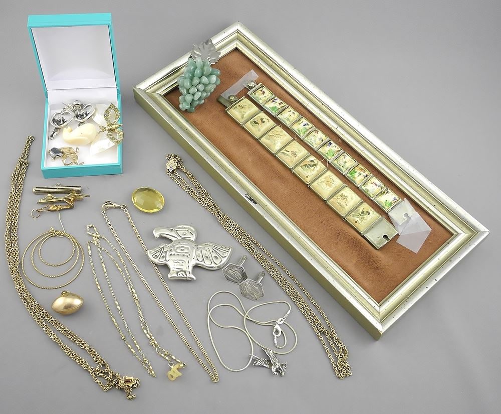 Lot of Jewelry Items Including Two Asian Bracelets (framed). (1 of 5)