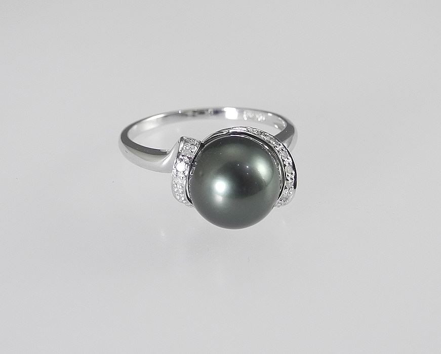 14K (marked) White Gold Black Pearl & Diamond Swirl Ring, Size 6 7/8, 3.45g. (1 of 4)
