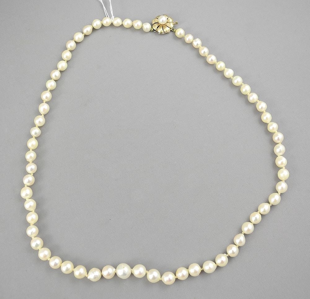 Strand of Pearls with 10K (marked) Gold Clasp, 20"L.: Strand of Pearls with 10K (marked) Gold Clasp, 20"L.