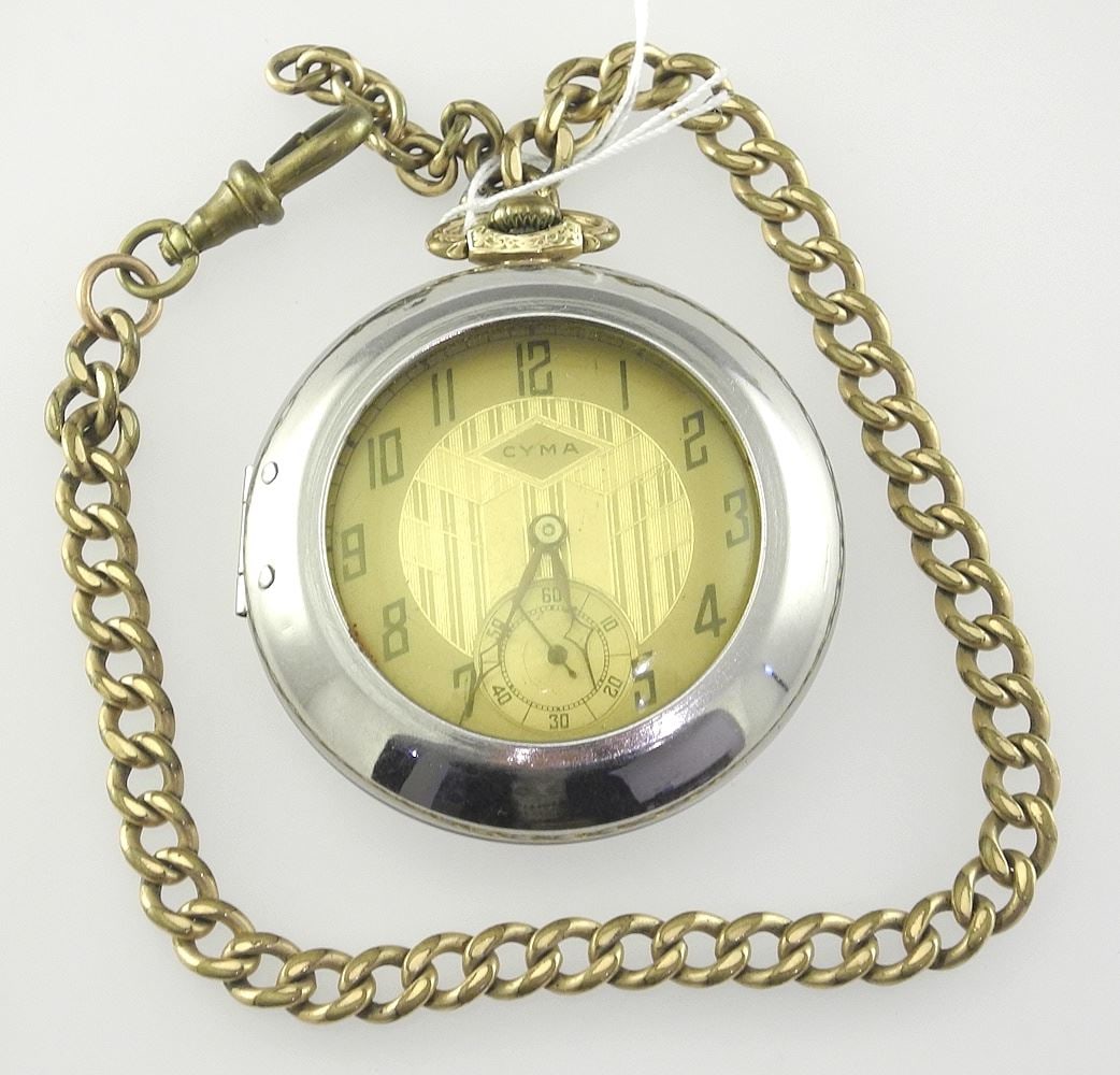 Cyma Gold Plated Pocket Watch (1 3/4 " diameter) with External Case & Fob , 9 3/4"L. (1 of 4)
