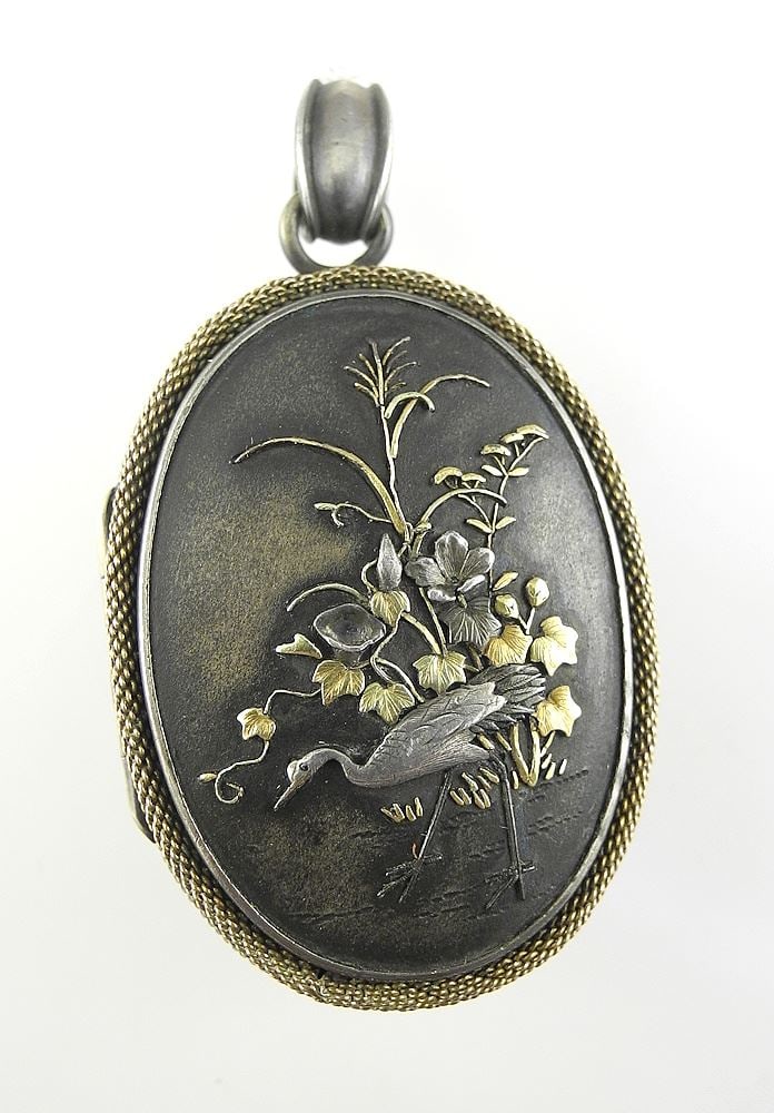 Japanese Shakudo Locket with Gold & Silver Overlay, 1 1/2"h, 32g.: Japanese Shakudo Locket with Gold & Silver Overlay, 1 1/2"h, 32g.