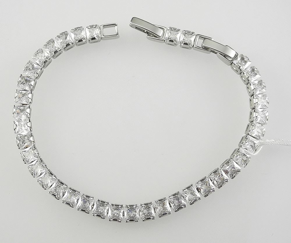 Platinum Plated 4mm CZ Princess Cut Tennis Bracelet, 7-8"L.: Platinum Plated 4mm CZ Princess Cut Tennis Bracelet, 7-8"L.