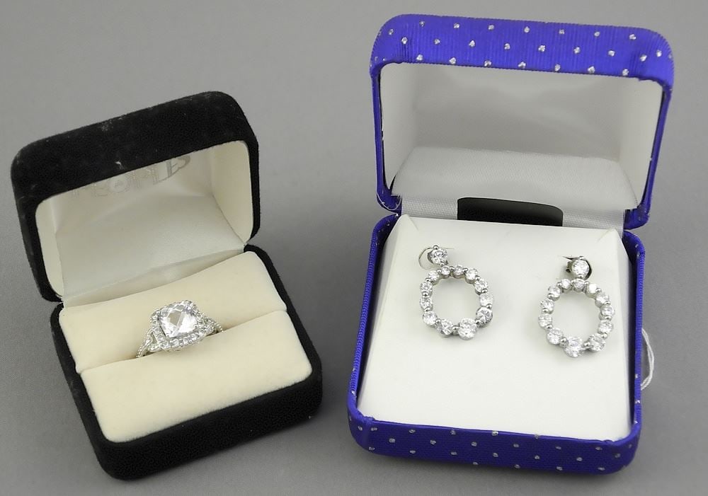 Sterling Silver White Topaz Ring (Size 7) & CZ Earrings, TW 9.2g. (1 of 5)