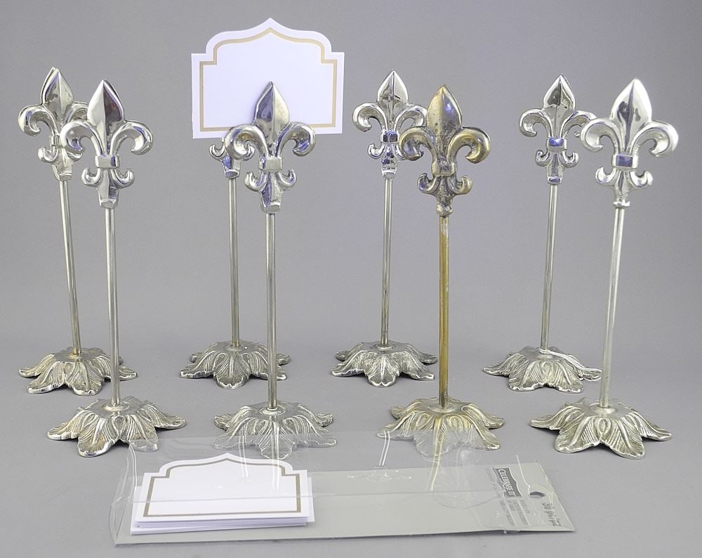 Eight Silver Metal Fleur-de-lis Table Place Markers with Name Cards, 7 1/4"h. (1 of 2)