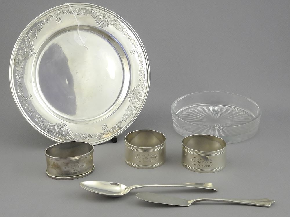 Collection of Sterling Silver Sundries: Dish/Utensils/3 Napkin Rings, 6 1/4" Diam., 208g. (1 of 5)