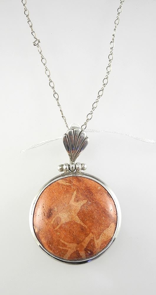 Vintage Navajo Sterling Silver (925) & Sponge Red Coral Pendant on Plated Chain, 17"L.: Vintage Navajo Sterling Silver (925) & Sponge Red Coral Pendant on Plated Chain, 17"L.