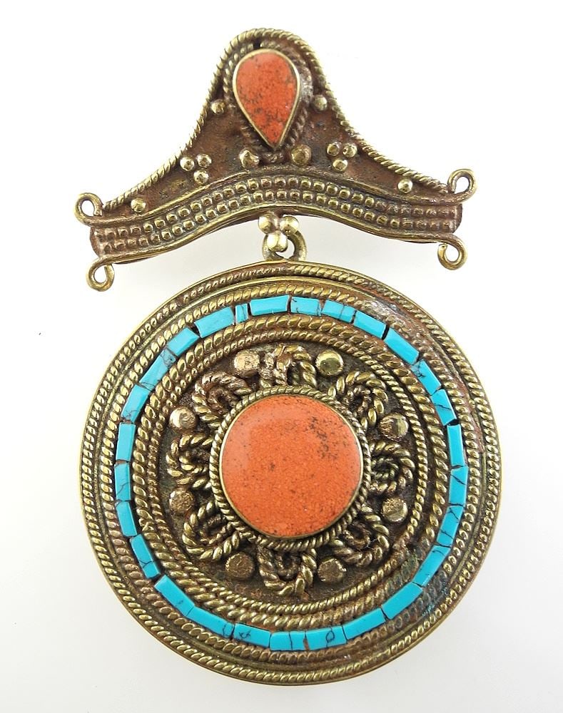 Tibetan/Nepalese Brass Coral & Turquoise Gau Pendant with Linen Pouch, 2 3/4"h, 31.7g.: Tibetan/Nepalese Brass Coral & Turquoise Gau Pendant with Linen Pouch, 2 3/4"h, 31.7g.