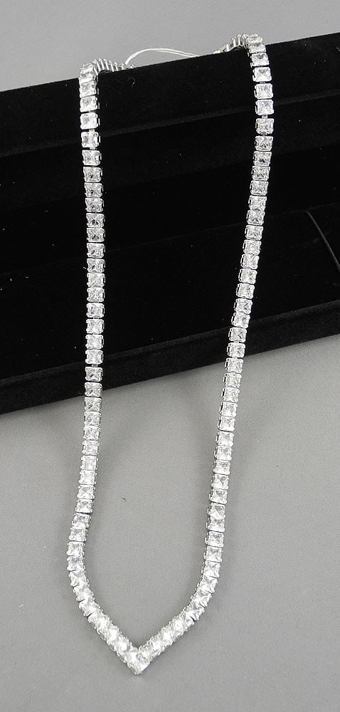 Platinum Plated 4mm CZ Princess Cut Tennis Necklace, 18"L (adjustable).: Platinum Plated 4mm CZ Princess Cut Tennis Necklace, 18"L (adjustable).