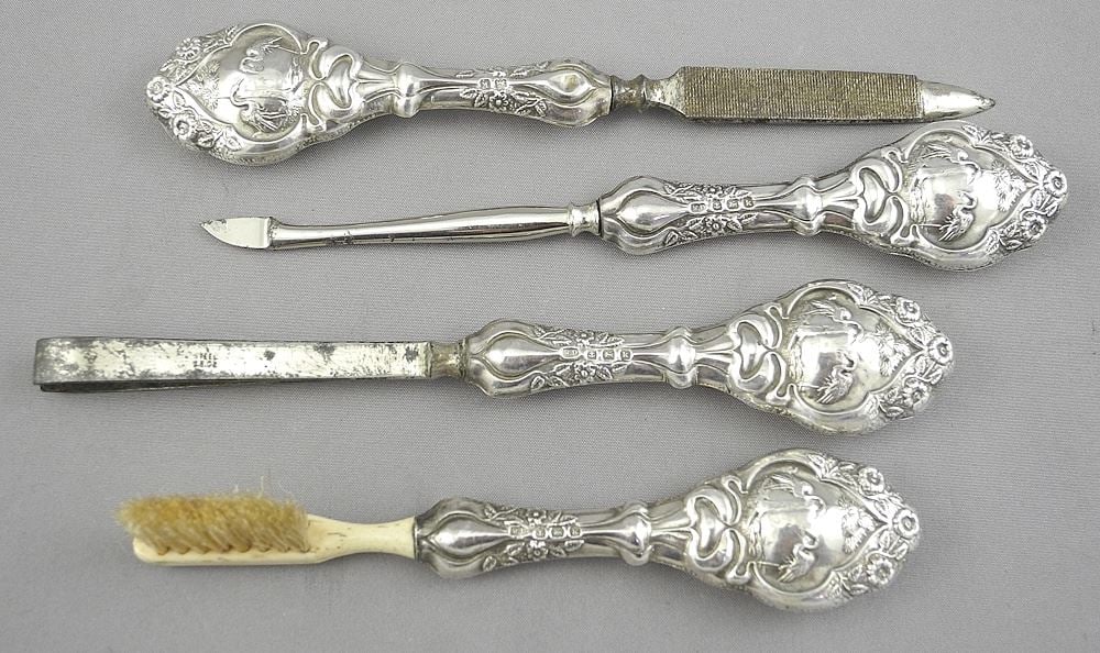 Art Nouveau Embossed Sterling Flamingos Manicure Set Hallmarked W.D Birmingham C.1909, 60. (1 of 3)