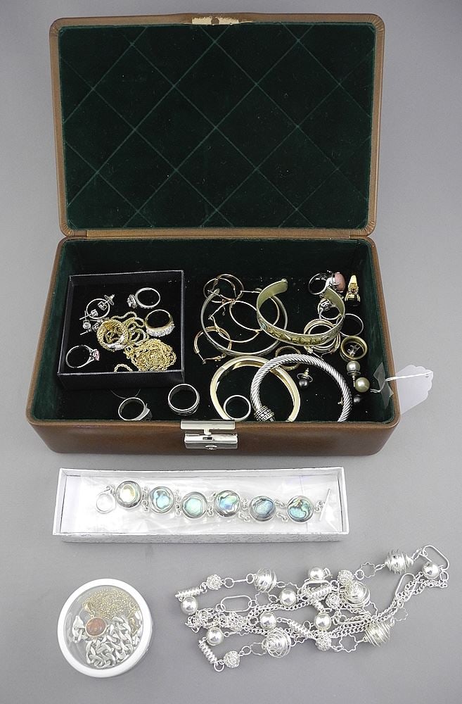 Collection of Sterling Silver & Gold Tone Jewelry in Jewelry Box. (1 of 3)