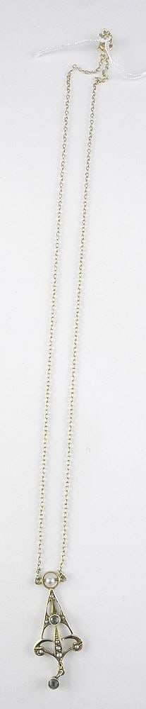Edwardian 14K (marked) Gold Aquamarine & Seed Pearl Necklace, 15"L, 2.2g.: Edwardian 14K (marked) Gold Aquamarine & Seed Pearl Necklace, 15"L, 2.2g.
