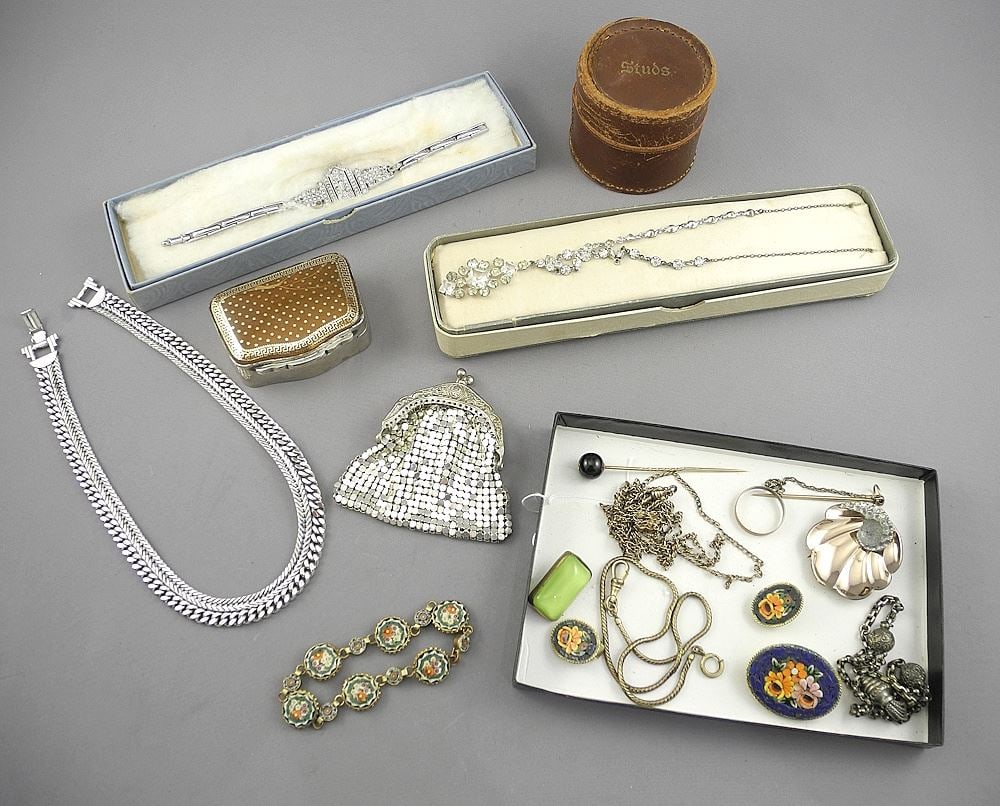 Silver Tone Metal Pique Work Box (damaged) with Micro Mosaic/Paste/ Base Metal. (1 of 3)