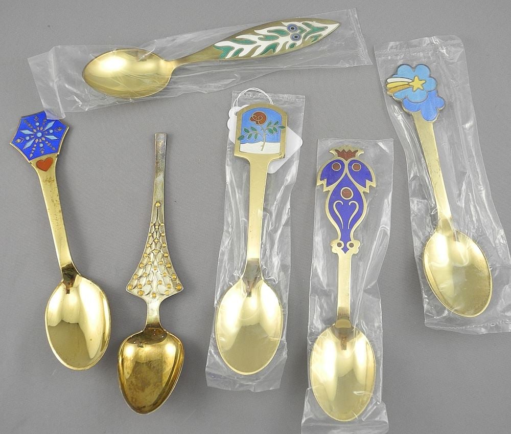 Six Anton Michelsen Sterling Silver Annual Spoons, 6 1/2"L, 274g.: Six Anton Michelsen Sterling Silver Annual Spoons, 6 1/2"L, 274g.