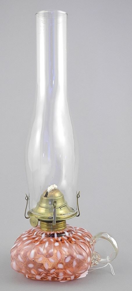 Antique American Hobbs Cranberry Opalescent Snowflake Oil Lamp & Chimney, 13 1/4"h. (1 of 3)