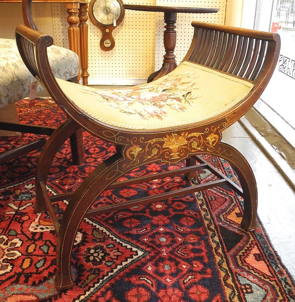 Edwardian Inlaid Mahogany Stool, 22 1/4"w (as found). (1 of 8)