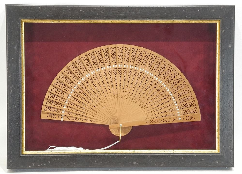 Wooden Sticks Folding Fan in Shadow Box, Fan 12"w. (1 of 2)