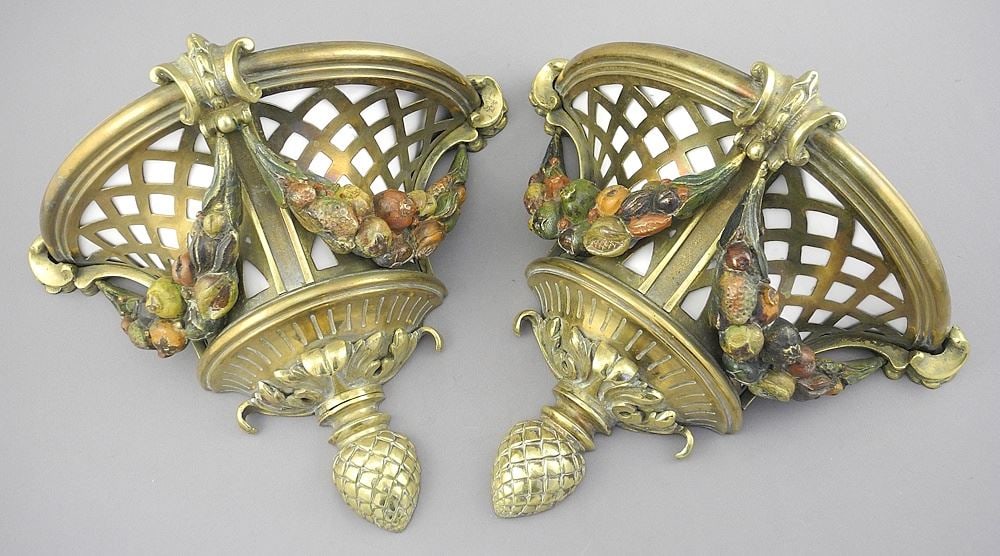 Pair of Vintage Brass Wall Planters with Fruit Garland. (1 of 2)