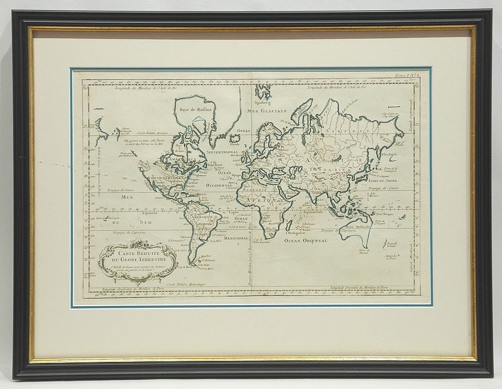 Antique Map: "Carte Reduite Du Globe Terrestre", Bellin, 9 1/4 x 14 1/8". (1 of 2)