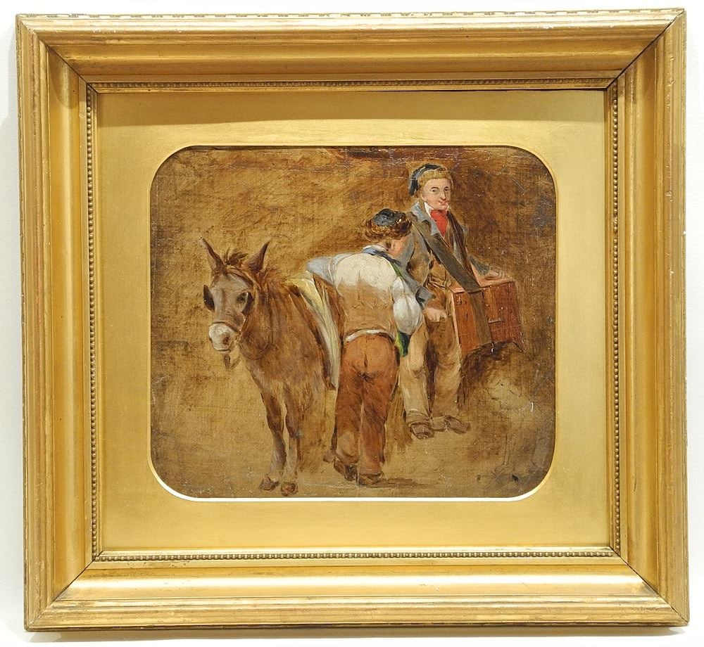 Oil on Canvas European School 19th C , 9 x 10 1/4", "Boys with Hurdy Gurdy & Donkey".: Oil on Canvas European School 19th C , 9 x 10 1/4", "Boys with Hurdy Gurdy & Donkey".