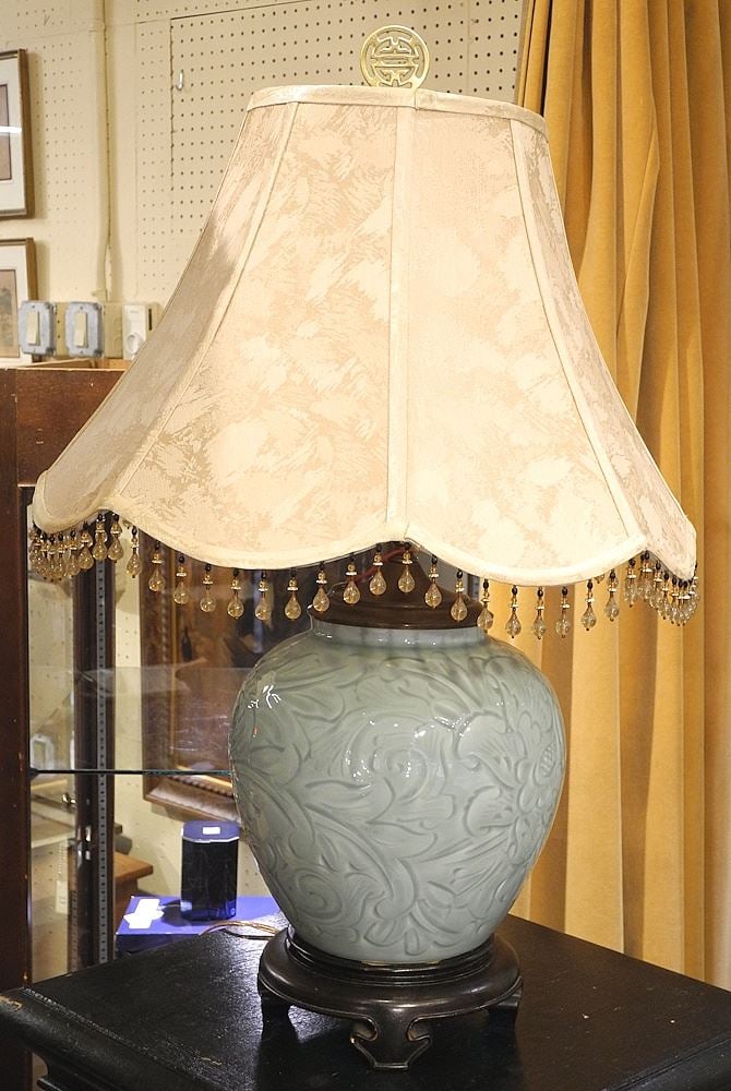 Carved Celadon Porcelain Table Lamp, TH 27 1/2". (1 of 2)