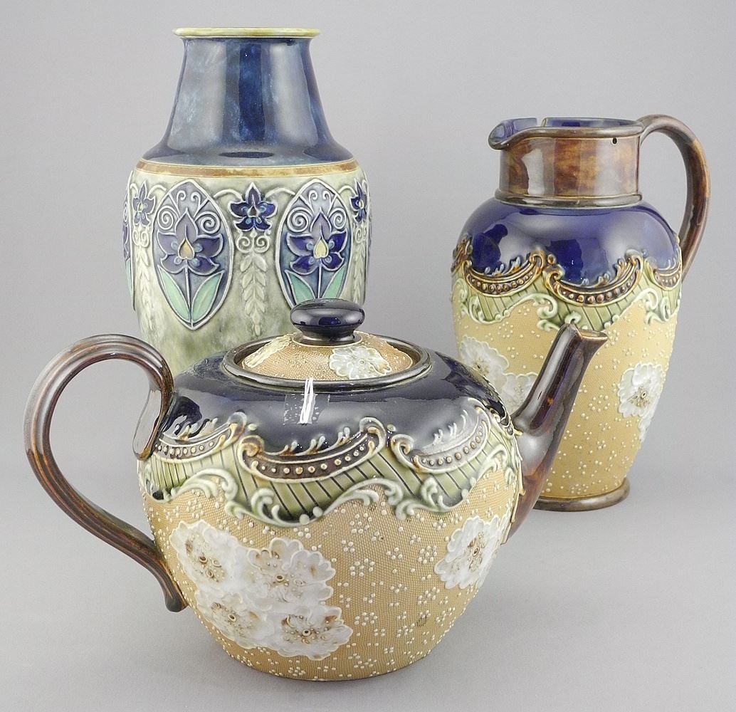 Three Royal Doulton Stoneware: Vase/ Jug/Teapot, 5 3/4 - 10 1/4"h. (1 of 7)