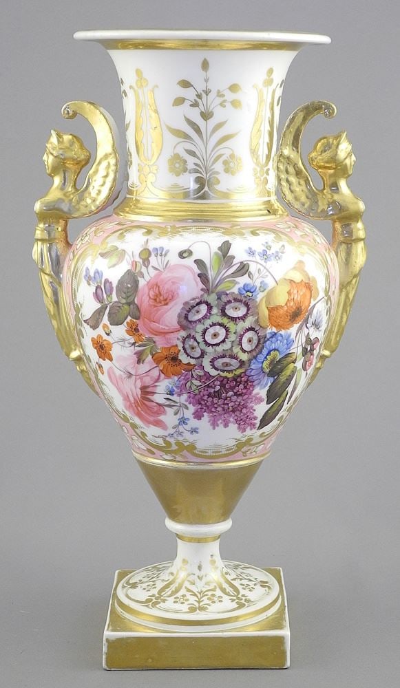 19th C. Empire Style Porcelain Urn set with Winged Caryatids, 10"h (restoration noted).: 19th C. Empire Style Porcelain Urn set with Winged Caryatids, 10"h (restoration noted).