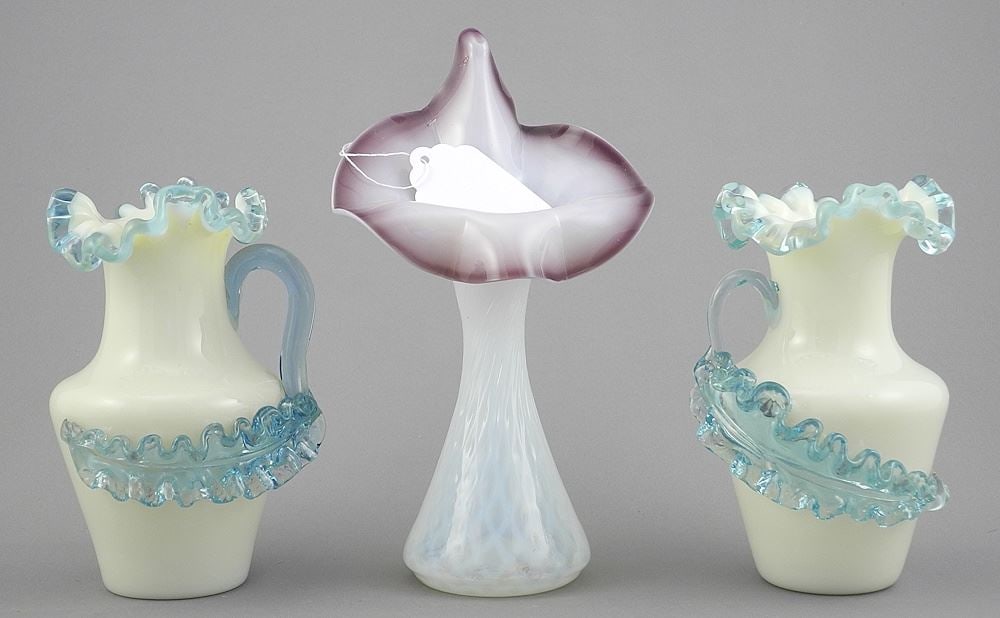 Pair of Antique English Uranium Art Glass Vases with Leaf Decoration, 5"h with Jack in the Pulpi (1 of 2)