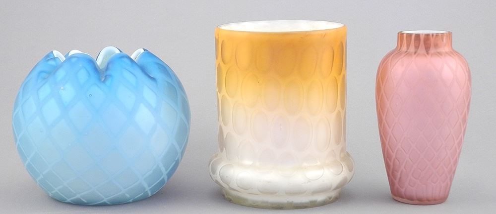 Three Antique Cased Quilted Satin Glass Pieces Including Rose Bowl, 3 5/8 - 4 1/4"h. (1 of 2)